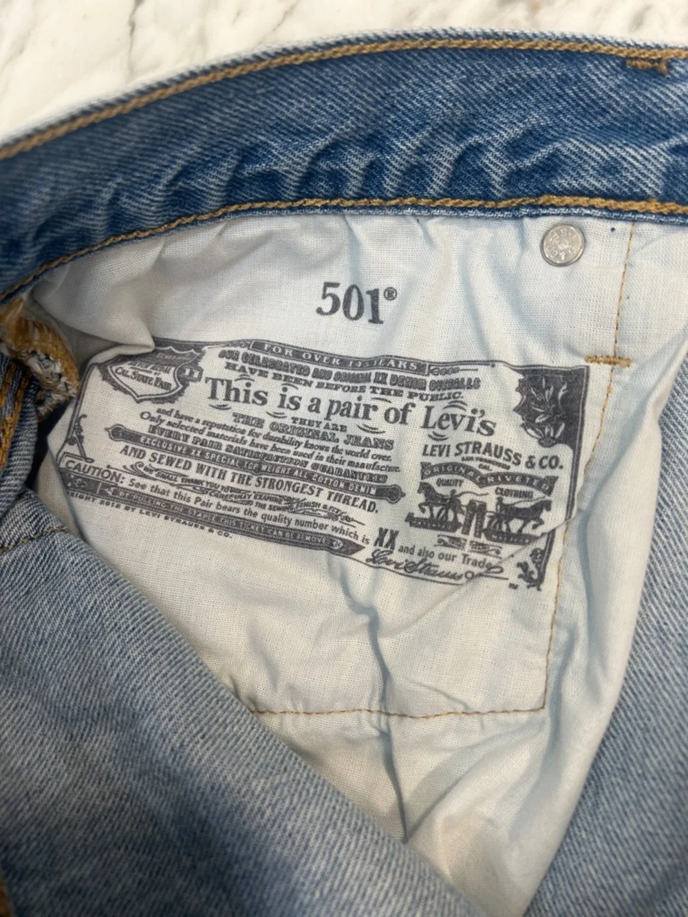 Levi's 501 Light Blue Distressed Denim Cutoff Shorts - Picture 3 of 5